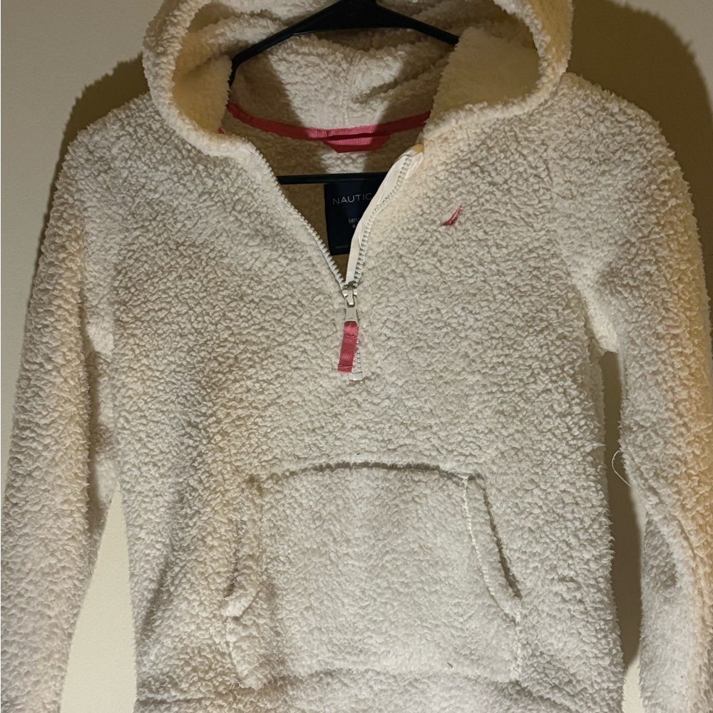 Nautica Cream Sherpa Hoodie with Navy Accents